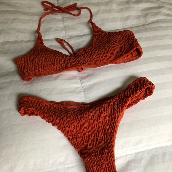 orange smocked bikini